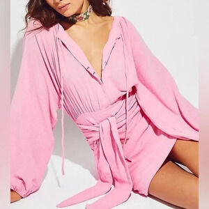 Free People Free-est The Only One Mini Dress Solid Pink Ruched Cotton Sz XS